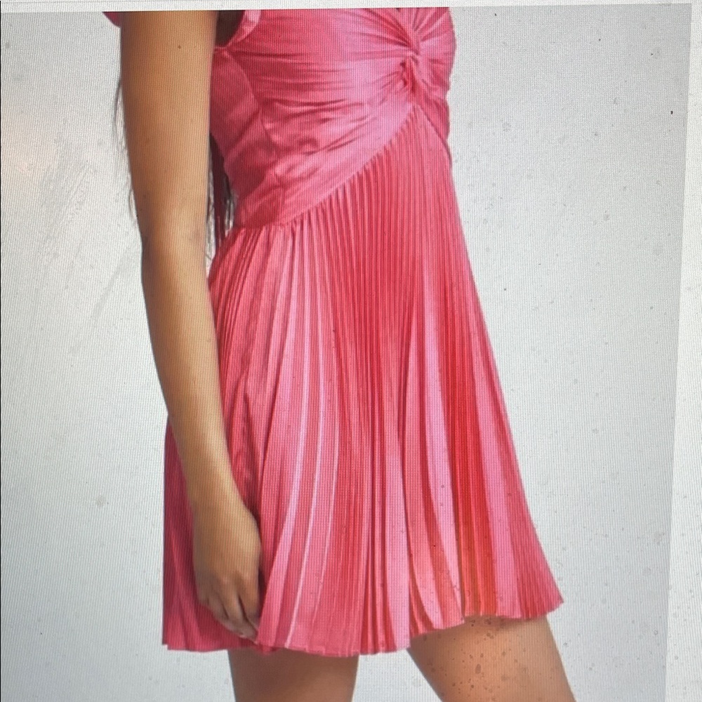 Moon river Pink satin Dress with gathered bust, pleated skirt &Ruffle Sleeve - Picture 2 of 10